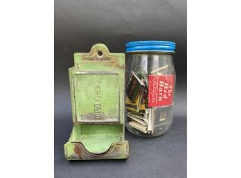 Vintage Metal Wall-Hung Matchstick Holder & Jar Of Vintage Matchbooks