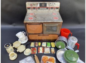 Vintage 1950s Play Kitchen Stove & Accessories