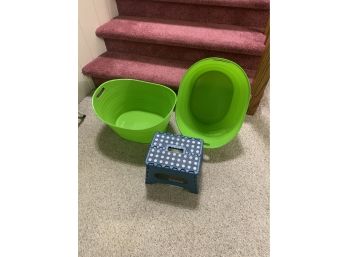 Step Stool  And Green Storage Baskets