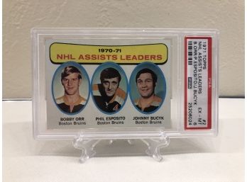 1971 Topps NHL Assists Leaders Bobby Orr, Phil Esposito, Johnny Bucyk (3 HOFS!!!) PSA 6 EX-MT