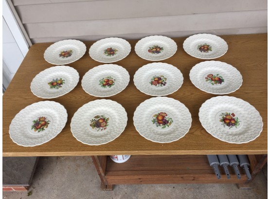 One Dozen (12) 9 5/16' Copeland Spode England Dinner Plates With J. Price Fruits And Flowers Motif In Center.