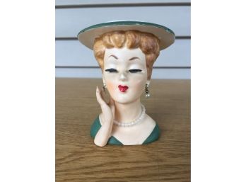 Vintage 4 1/2' Japan Women Head Vase With Green Hat, Pearl Drop Earrings, And Pearl Necklace.