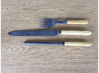 Victorian Three Piece Carving Set. Knife, Fork And Knife Sharpener. Knife Stamped Joseph Rogers & Son.