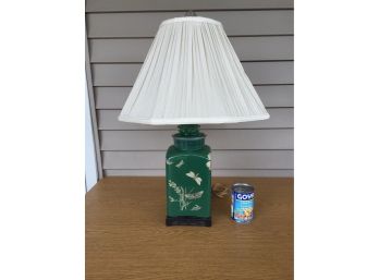 Vintage Square Asian Table Lamp With Dragonflies And Moths. Wood Base. Brass Finial.