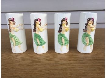 Set Of Four Mid Century Modern MCM Orchids Of Hawaii Tiki Glasses. Dancer With Grass Skirt.  5/3' Tall.
