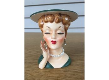 Vintage 4 3/4' Women Head Vase With Green Hat, Green Dress And Pearl Drop Earrings.