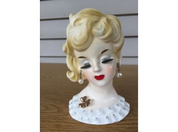 Vintage 5 3/4' Napcoware C5939 Women Head Vase With Blond Hair And Pearl Drop Earrings.