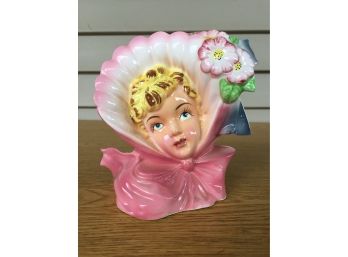 Vintage 5 7/8' Women Head Vase With Blond Hair And Hat With Flowers.