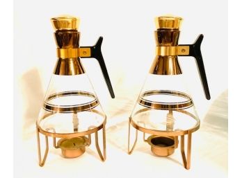 Vintage Pair Of Copper And Glass Pyrex-style Coffee/tea Warmers (lot 2)