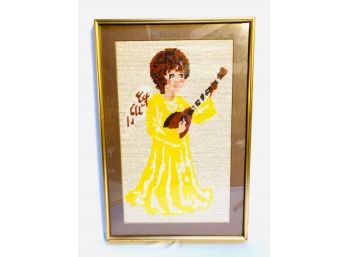 Framed Vintage Needlepoint Of Woman With Instrument