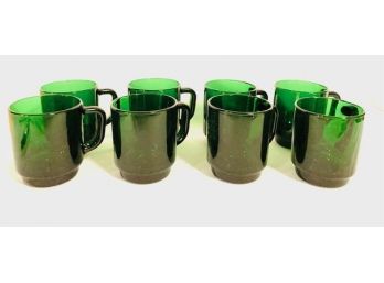 Set Of 8 Vintage Emerald Green Glass Mugs