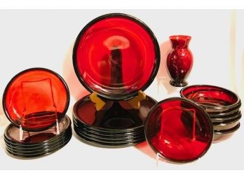Pristine Vintage Ruby Red Glass Dishware - Service For 6
