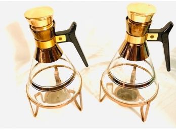 Vintage Pair Of Copper And Glass Pyrex Beaker-style Coffee/tea Warmers. (lot 1)