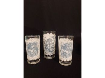 Trio Of Vintage Currier And Ives (blue) Glassware By Royal