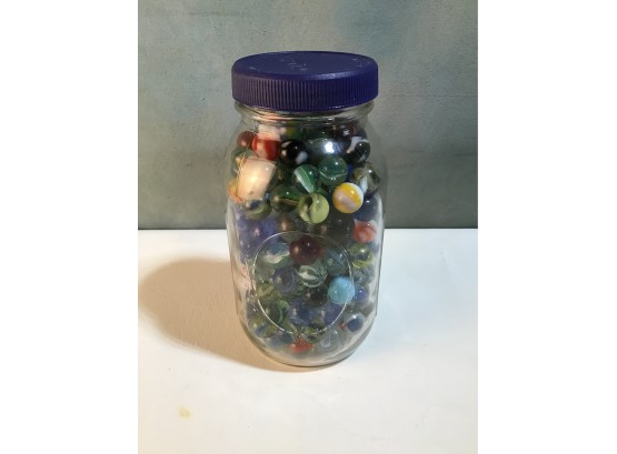 Antique Marbles In Blue Top Jar
