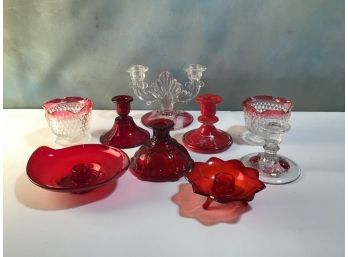 Red Glass Candle Stick Lot