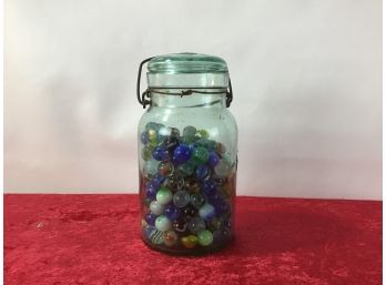 Antique Marbles In Blue Canning Jar