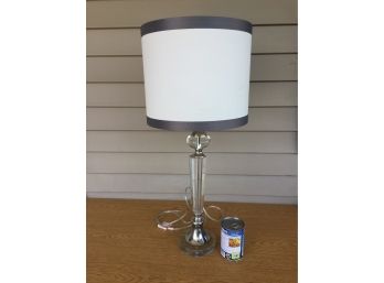 Glass Lamp With Shade And Glass Ball Finial. Measures 28 1/2' Tall. Has A Few Chips On Base.