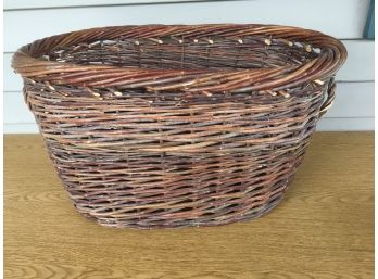 Large Antique Primitive Oval Woven Twig Gathering Basket. Has Handles On Both Ends.