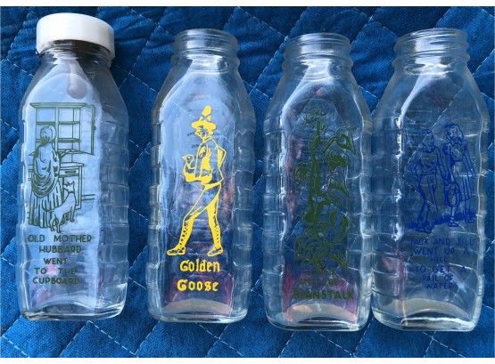 Fantastic Set Of Illustrated Glass Baby Bottles: New Old Stock