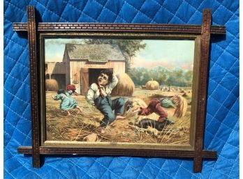 Hilarious 19th Century Farm Lithograph In Rustic Frame