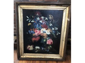 Large Vintage Framed Oil On Canvas Of Flowers