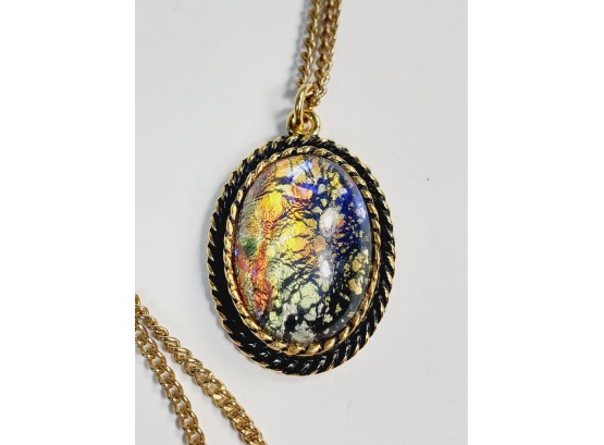 Beautiful Multi Colored Iridescent Stone Pendant With Necklace