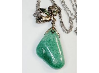 Angel Atop Green Sparkly Stone Pendant With Necklace 24 Inches Long