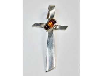 Large Sterling Silver & Amber Cross Pendant