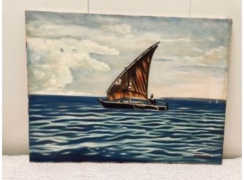 Original Oil On Canvas - Seascape With Sail Boat