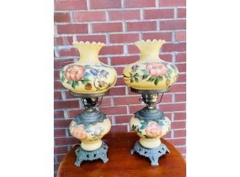 Pair Of Hand Painted 'Gone With The Wind' Style Hurricane Lamps