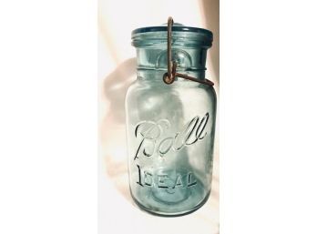 Antique Blue Glass Ideal Ball Mason Jar With Baler And Lid