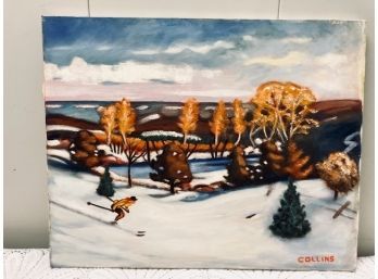 Oil On Canvas - 'Winter Scape With Skier'  Artist Signed