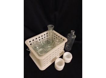 Grouping Of Vintage Glass Bottles Including Old Milk Glass In Basket