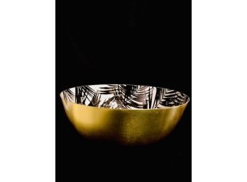 Gold Tone Serving Bowl With Black And White Palm Tree Interior