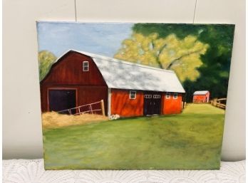 Oil On Canvas Landscape - Red Barn