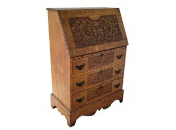 Antique Tiger Oak Drop Front Secretary With Beautiful Hand Carved Details