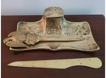 Antique Brass Inkwell And Letter Opener