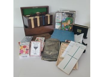 Vintage Poker Chips & Storage  Box With Bridge Game And Playing Cards