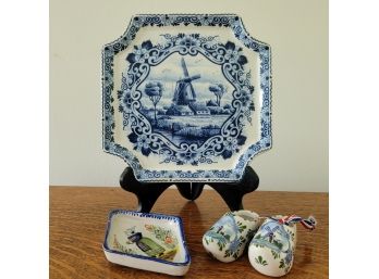 Vintage Delfts Blue Square Decorative Plate With Other Holland Decor