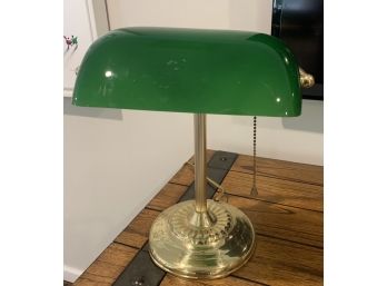 Decorative Bankers Style Brass And Green Glass Lamp