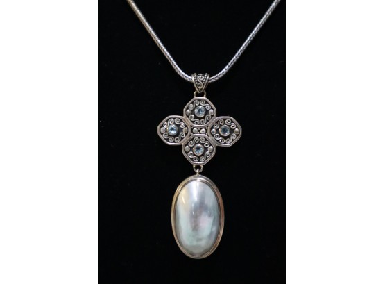 925 Sterling And Abalone With Blue Stones Pendent Signed 'JGD' And 925 Sterling Italy Chain