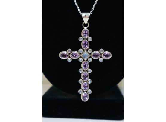925 Sterling Purple And Opalescent Colored Stones Cross Pendent  Signed 'SLG' India And 925 Sterling Chain