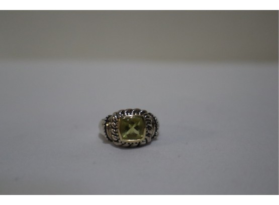925 Sterling, 14K, And Light Green Stone Designer Signed Ring Size 7