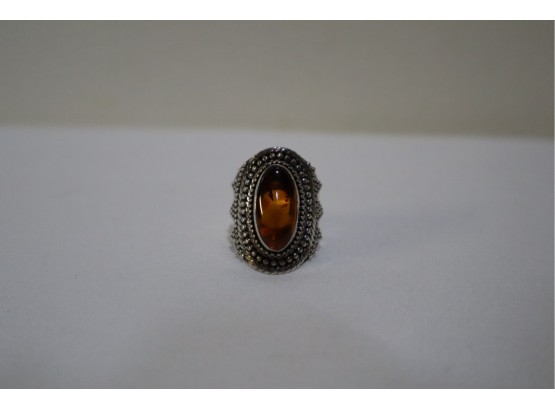 925 Sterling And Amber Ring Signed 'BA' Indonesia Size 8