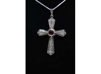 925 Sterling With Red Stone And Marcasites Cross Pendent And 925 Sterling Italy Chain 24'
