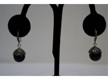 925 Sterling China Onyx And Marcasite Earrings