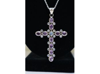 925 Sterling Purple And Opalescent Colored Stones Cross Pendent  Signed 'SLG' India And 925 Sterling Chain