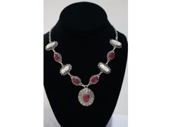 925 Sterling Pearl And Red/burgundy Colored Stones 16.5'