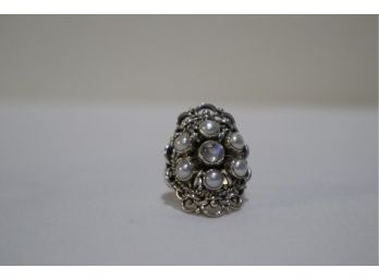 925 Sterling With Pearl And Opalescent Stones Ring Signed 'SLG' Size 7